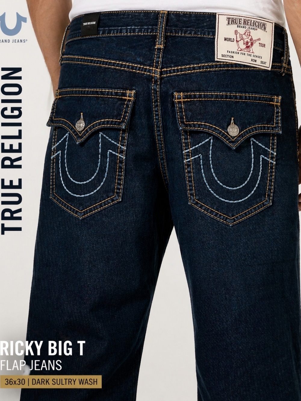 🔥 True Religion Ricky Big T Flap Jeans 36x30 Dark Wash Straight - Picture 13 of 13